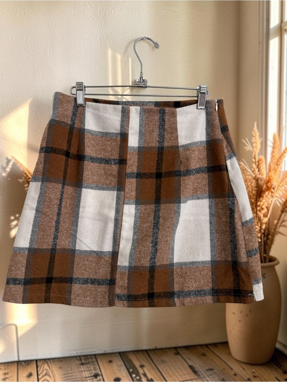 Plaid A-Line Mini Skirt in Brown and Cream - Picture 6 of 6